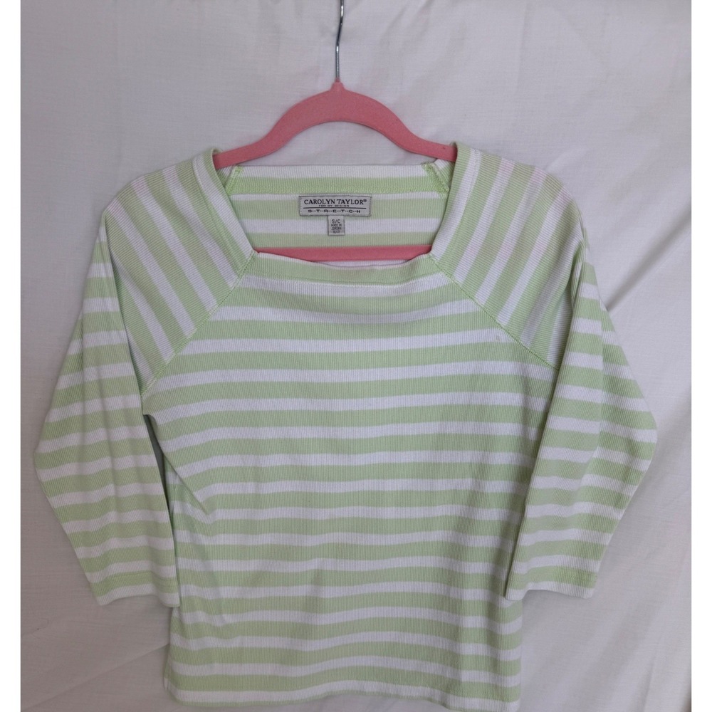 Carolyn Taylor Green White Striped Ribbed Top Square Neck 3/4 Sleeve Small